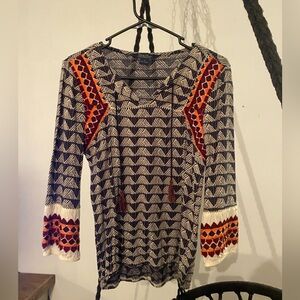 Lucky Brand Black and Cream Geometric Blouse with Red Accents
